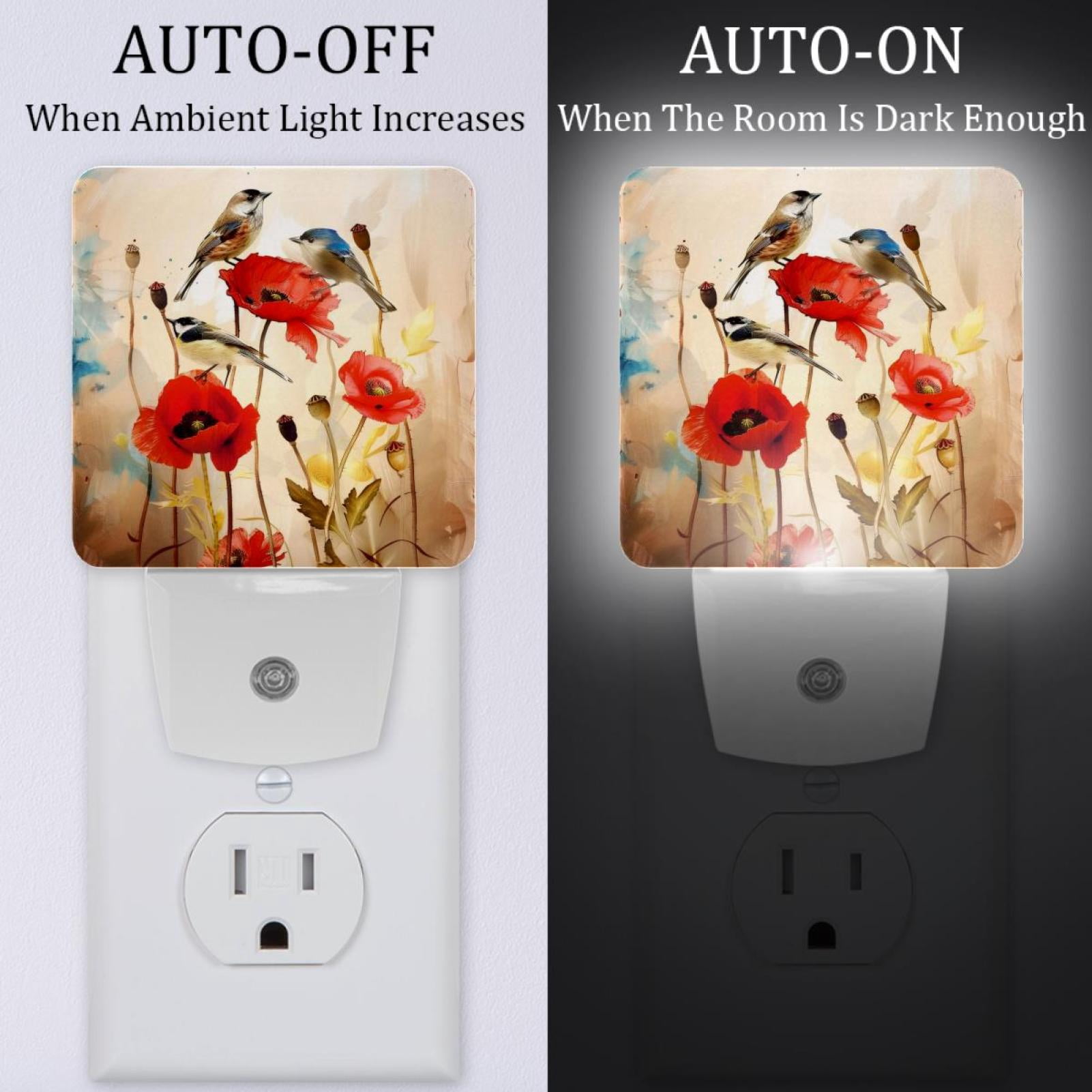 PhooArto Birds Poppy Floral Plug in LED Night Light Auto Sensor Dusk to Dawn Decorative Night for Bedroom, Bathroom, Kitchen, Hallway, Stairs, Baby's Room, Energy Saving