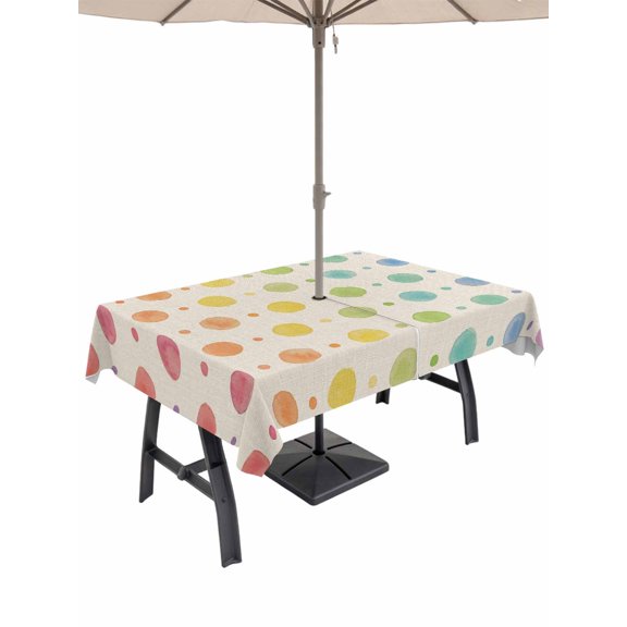 Outdoor Tablecloth with Umbrella Hole for Patio/Picnic/Party/Camping, Colorful Polka Dot Waterproof Table Cloth Rectangle Table Cover Washable, Cartoon Watercolor Geometric Beige (60"x 120")