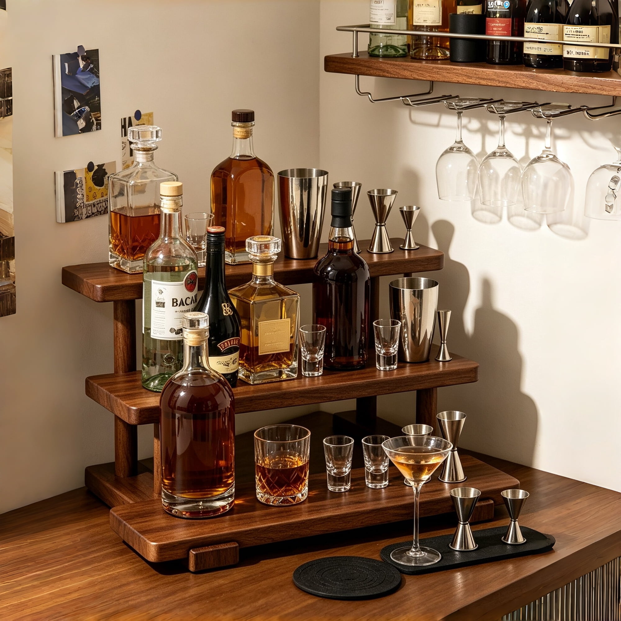 Tiered Wood Wine Bottle Rack and Glass Holder Countertop Bar Shelf Storage