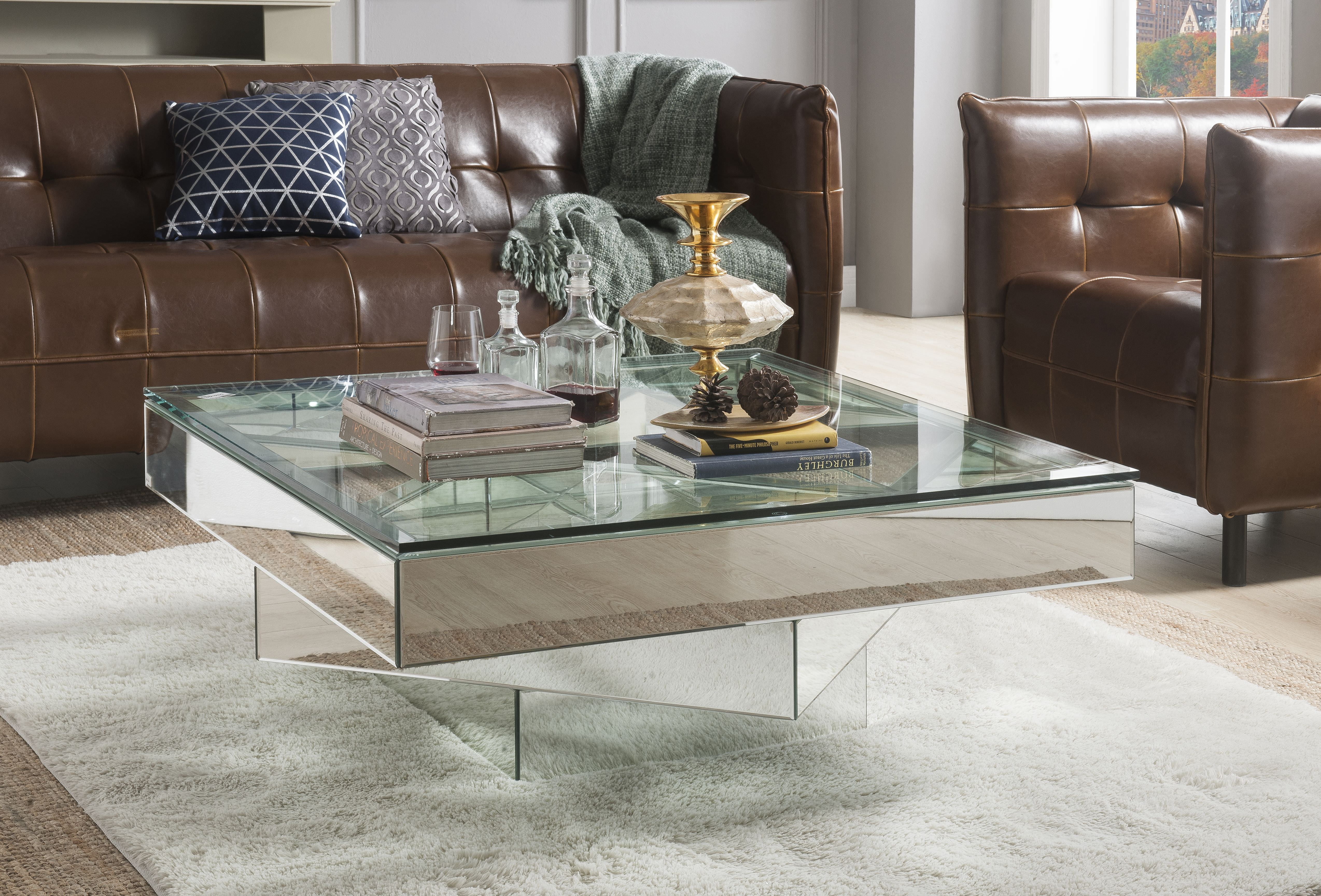 Acme Meria Square Glass Coffee Table, Large Mirrored Glass Coffee Table