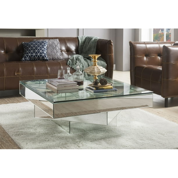 Acme Meria Square Glass Coffee Table, Round Mirrored Coffee Tables With Diamond Gems