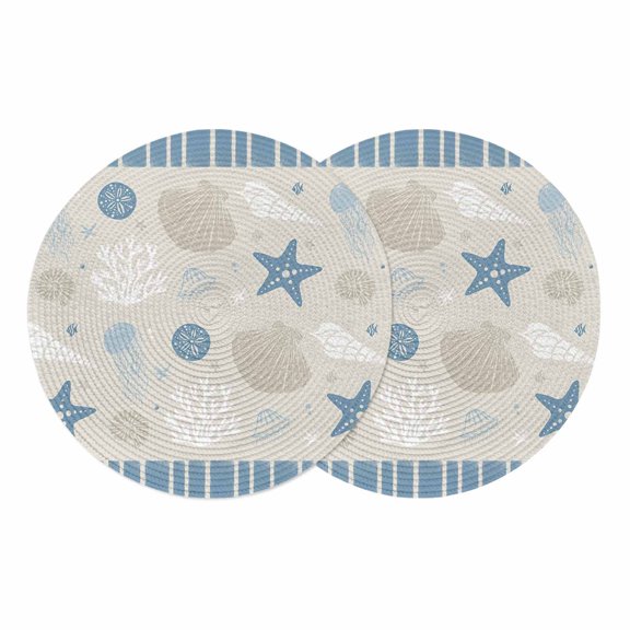 Light Blue Coastal Round 15 Inch Placemats Set of 2, Vintage Ocean Nautical Starfish Coral Striped HeatResistant Non Slip Place Mats for Dining Table, Wipeable Kitchen Table Mats for Housewarming