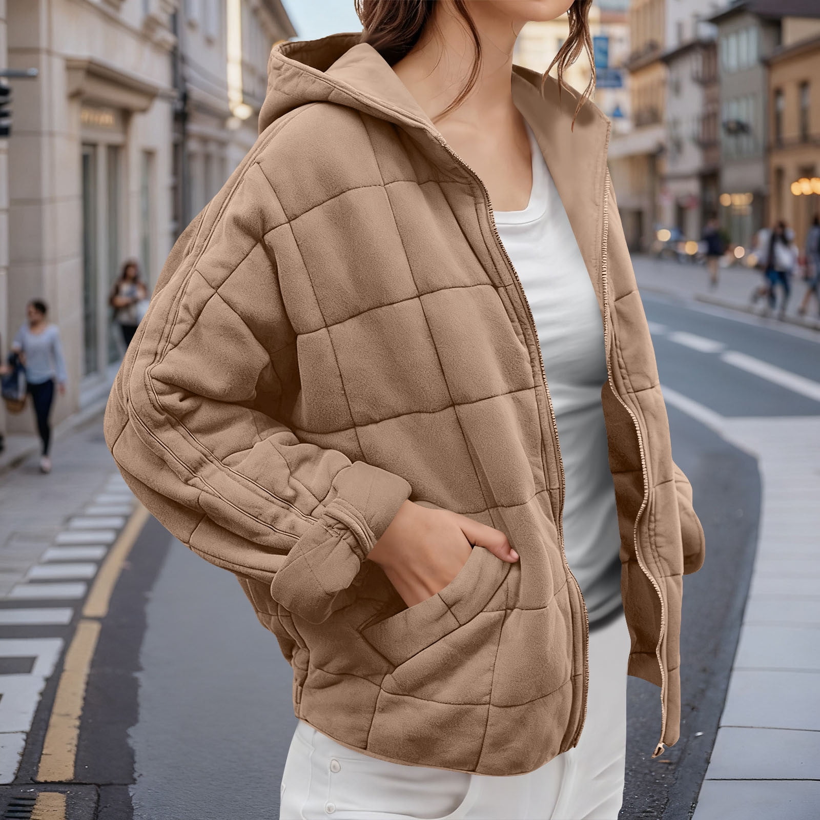 Womens Hooded Quilted Jacket with Pockets Cotton Puffer Winter Coat Full Zip Loose Long Sleeve Warm Outerwear (L, Khaki)