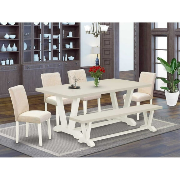 East West Furniture V-Style 6-piece Wood Kitchen Table Set in Linen White