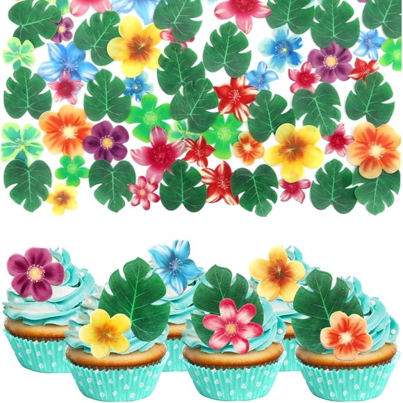 78 Pcs Edible Flowers Cake Decorations Tropical cake topper Hawaiian Birthday Party Decoration for Tropical Luau Summer Party Wedding
