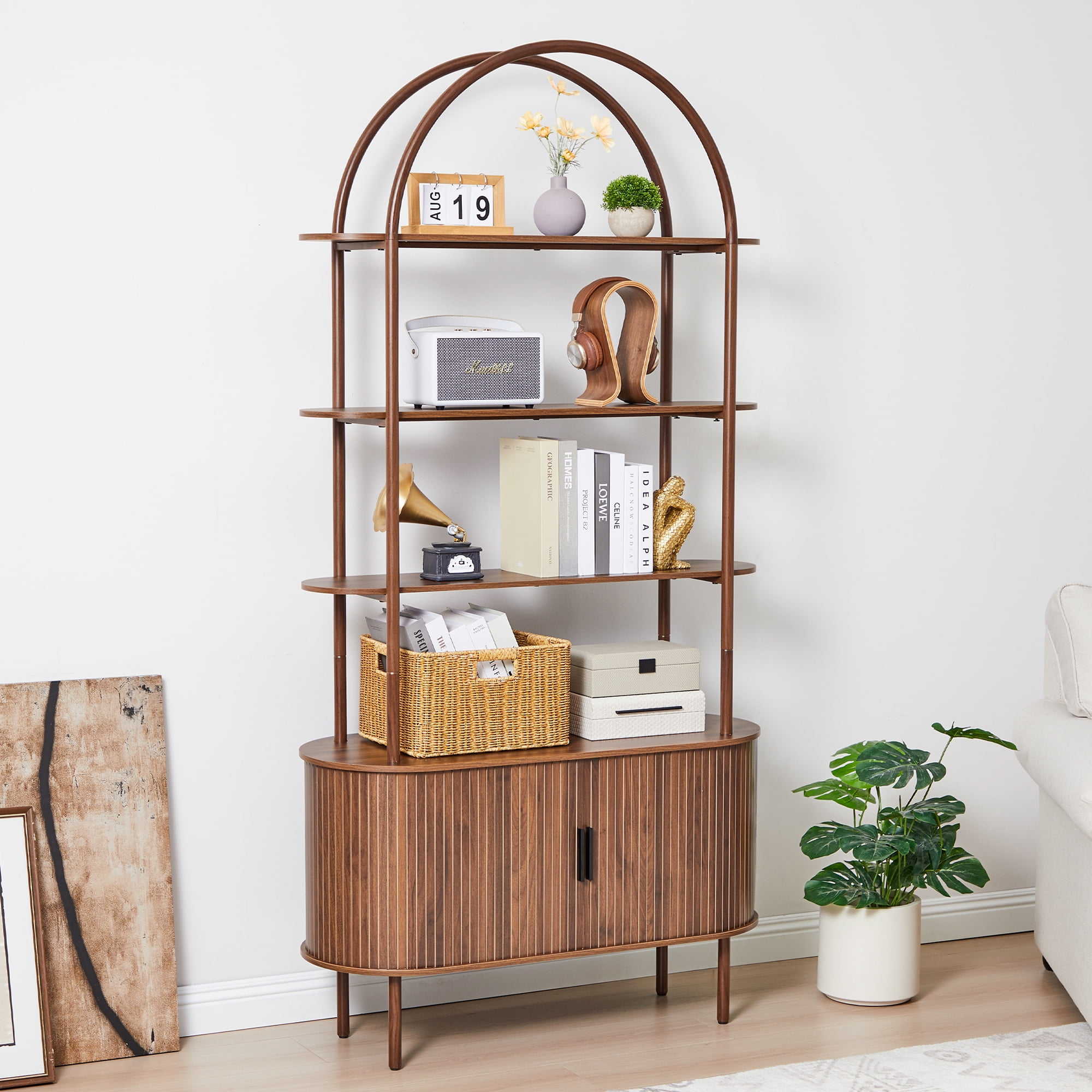 LEFHDA 79" Industrial Modern Arched Bookshelf with 4-Tier Open Shelf & Sliding Tambour Cabinet Storage, Mid-Century Curved Freestanding Bookcase for Living Room, Home Office (Walnut, 79 inch)