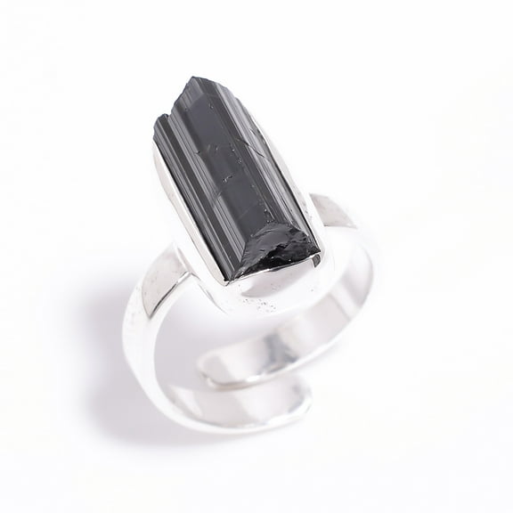 SATYAVIE JEWELLERY Black Tourmaline Ring Size US 5.5 Adjustable, Handmade Ring, 925 Sterling Silver Ring for Women