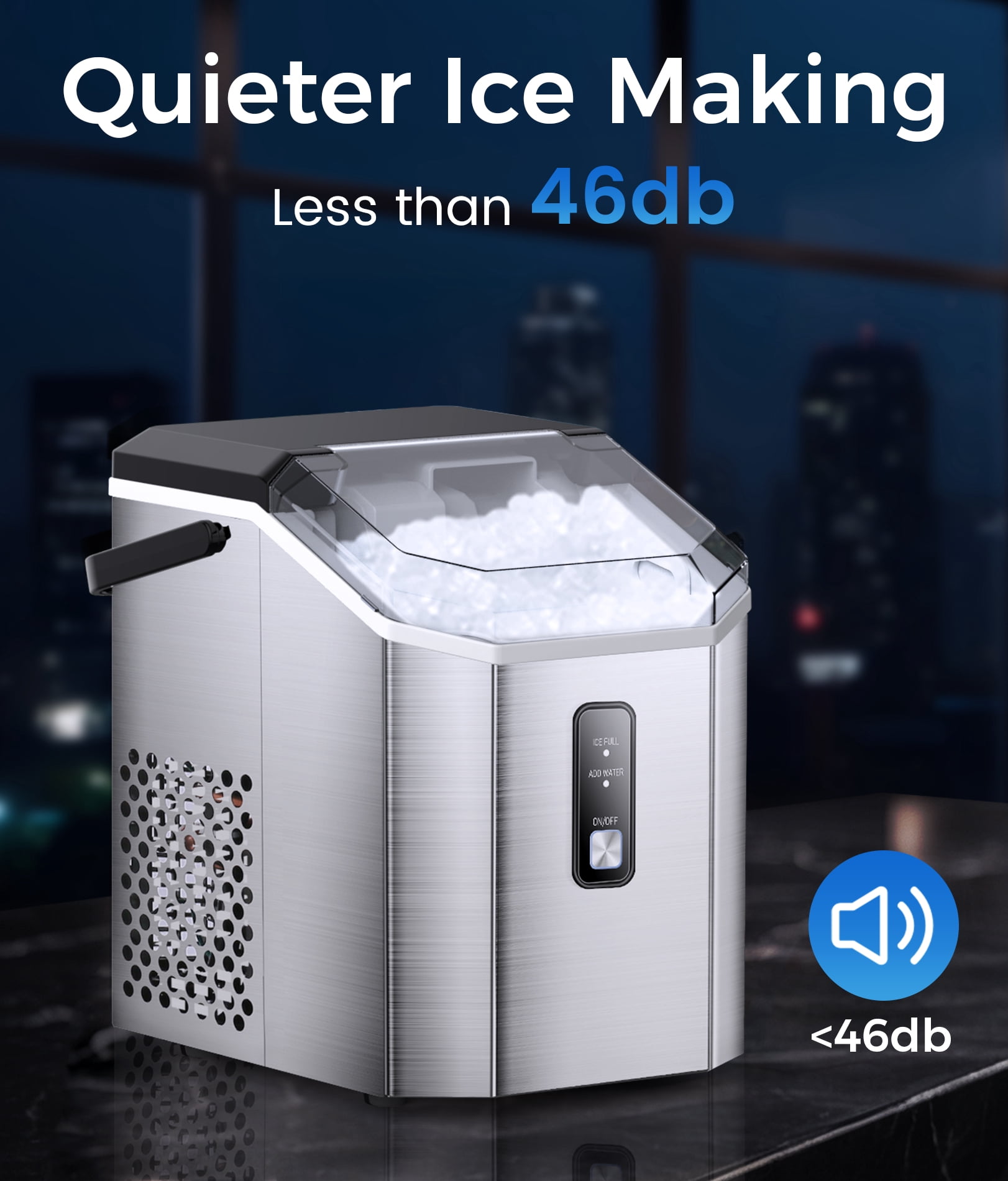 Countertop Nugget Ice Maker, Stainless Steel, 33lbs/Day, Self-Cleaning, Portable Nugget Ice Maker Machine with Handle, Scoop and Basket, Silver