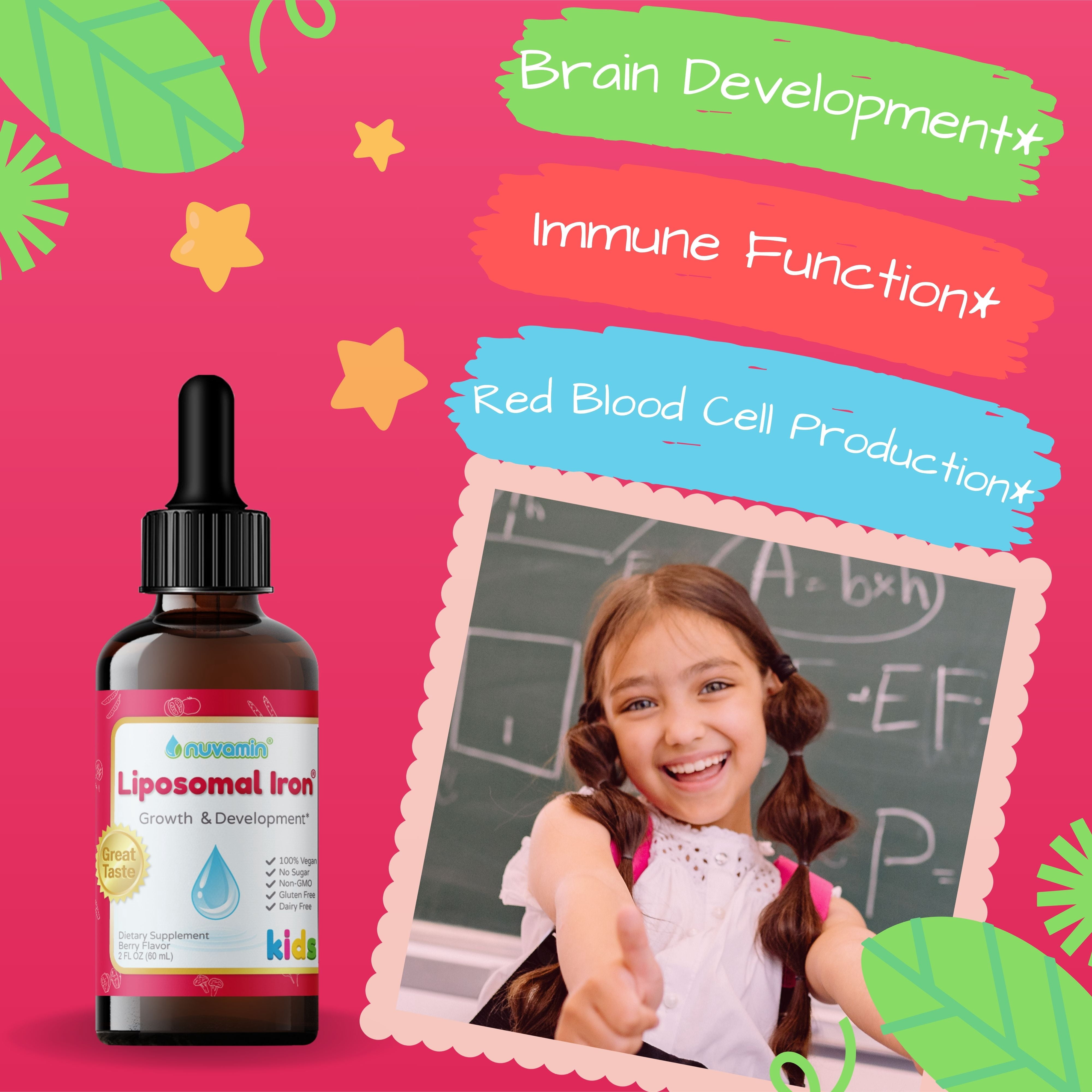 Nuvamin – Liquid Liposomal Iron Drops for Baby, Toddlers, Kids, & Adults, 2Fl.Oz (60ml), 120 Daily Serving. Great Taste - All Natural - Vegan - No Metallic Aftertaste, Berry Flavor
