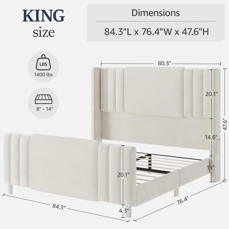 King Upholstered Bed Frame with LED Headboard & Footboard - Noiseless, Easy Assembly Platform Bed for Master Bedroom and Guest Room, White
