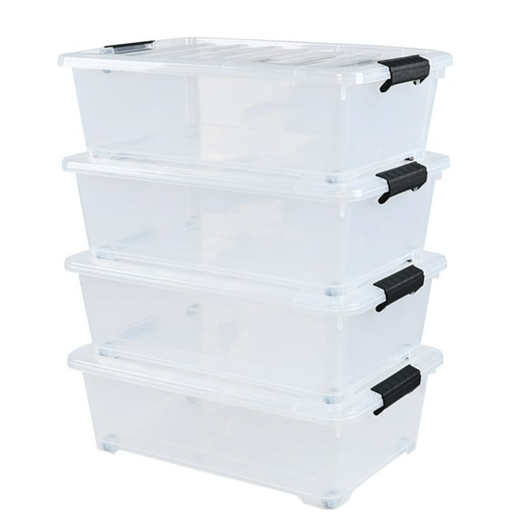 Lesbin 20 Quart Stackable Plastic Under Bed Bins with Lid, Set of 4 Clear Latch Storage Container with Wheels