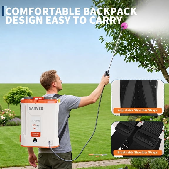 Effortless Weed Control Backpack Sprayer - 5.3 Gallon, 21V Electric Pump, Dual Batteries, Telescopic Wand, 5 Nozzles, Built-in Mixing System for Lawn & Garden - Orange-White - 20L