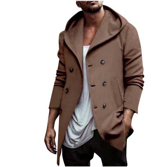 IYTR Men's Winter Wool Blend Peacoat Mid-Length Slim Fit Turndown Collar Double Breasted Warm Outwear Trench Overcoat with Two Welt Pockets Khaki XXXL