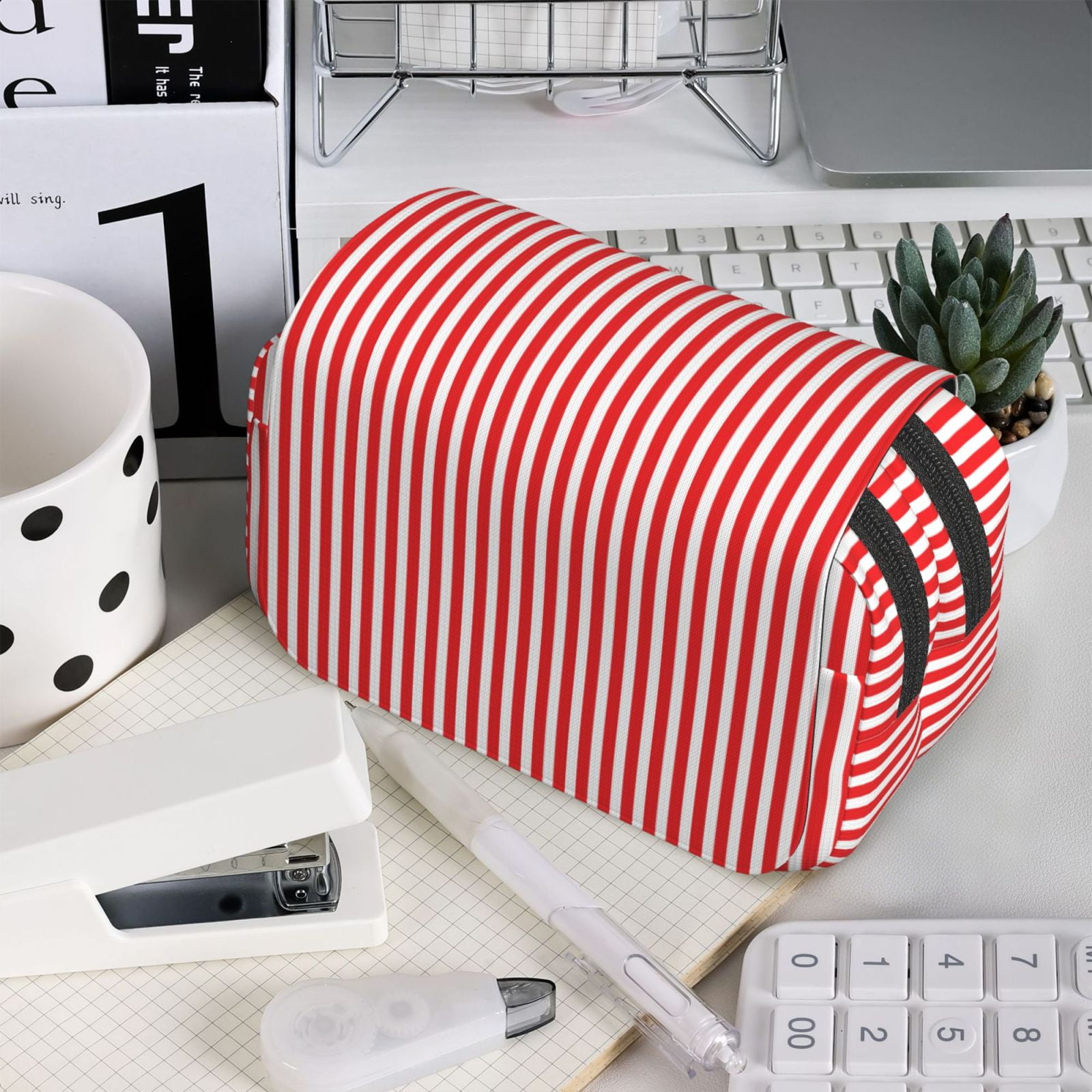 Rateoe Red And White Stripes Pattern Double Clamshell Pen Case, Storage Organizer with Two Zipper Compartments– Holds Up to 50 Pencils & Pens