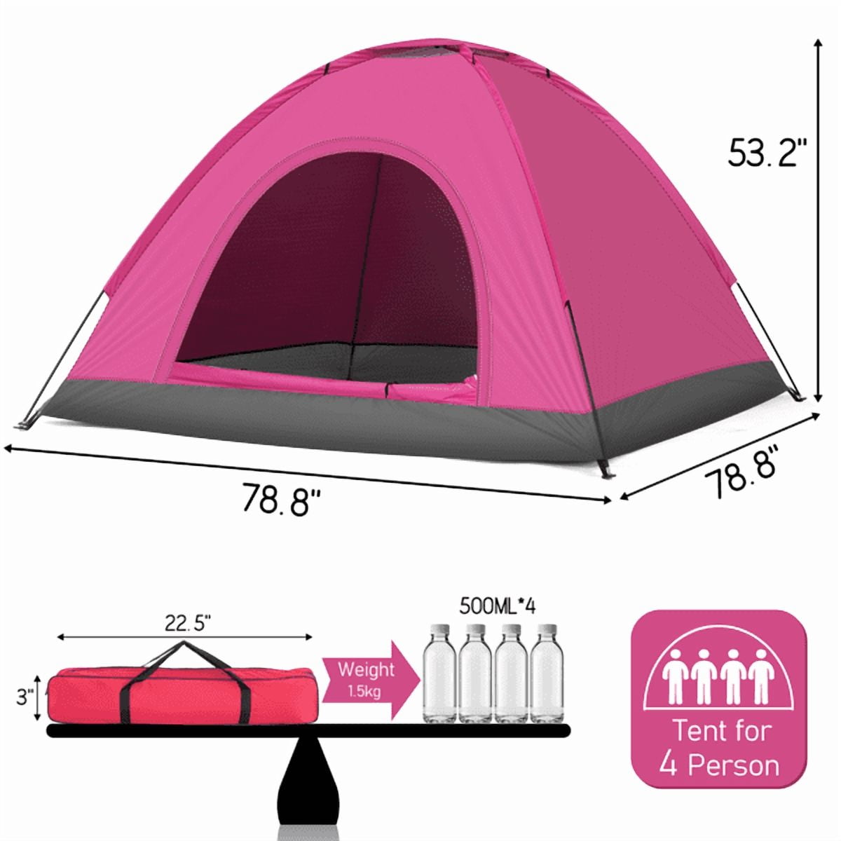 Cotinse 3-4 Person Tent for Camping, Instant Pop Up Camping Tent with Screen Porch, Family Tent for Outdoor/Hiking/Traveling, with Tote Bag, Camp Dome,Pink