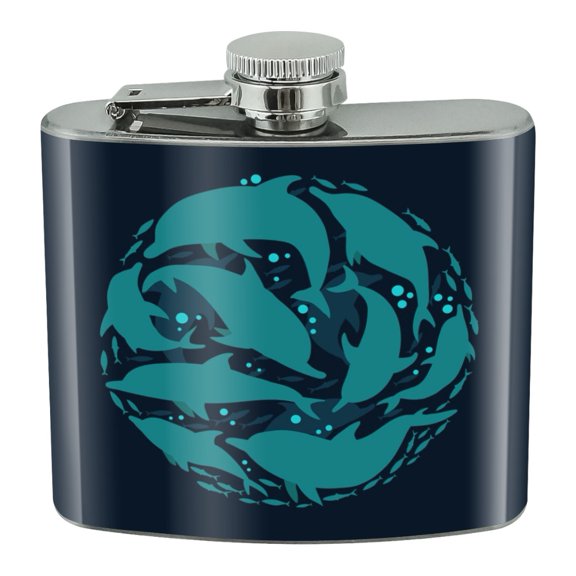 Dolphin Circle Sardines Ocean Fish Stainless Steel 5oz Hip Drink Kidney Flask