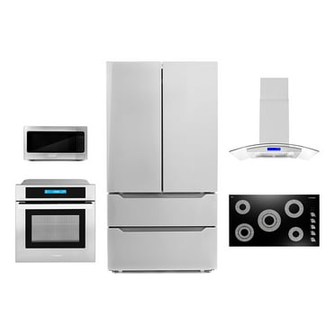 Cosmo 5 Piece Kitchen Appliance Package With 36" Electric Cooktop 36" Island Range Hood 30" Single Electric Wall Oven 17.3" Countertop Microwave & French Door Refrigerator