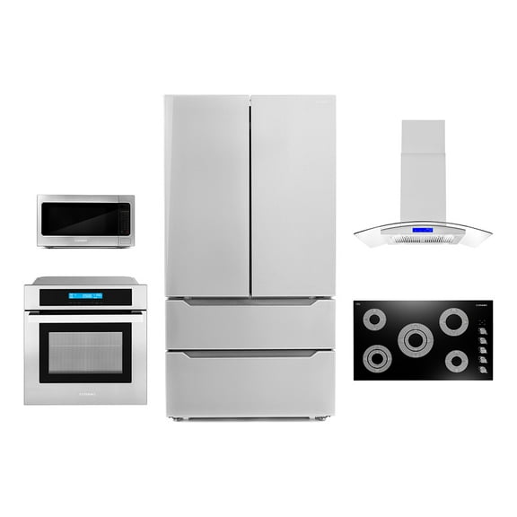 Cosmo 5 Piece Kitchen Appliance Package With 36" Electric Cooktop 36" Island Range Hood 30" Single Electric Wall Oven 17.3" Countertop Microwave & French Door Refrigerator