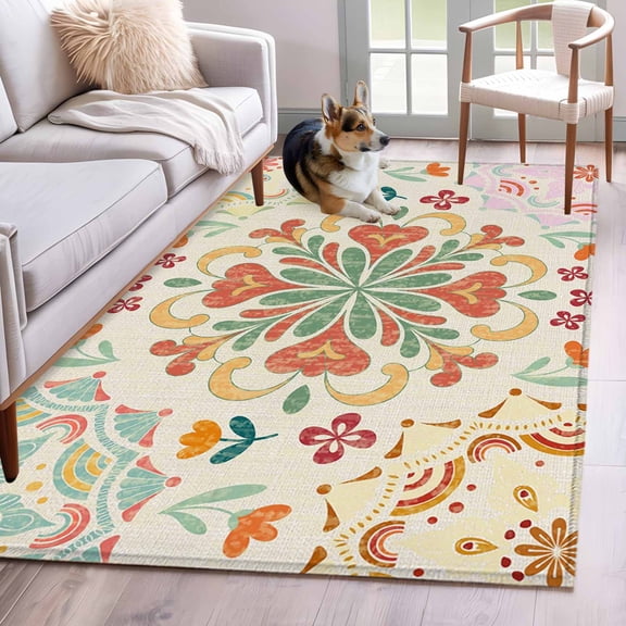 Area Rug 3x5ft Turkey Floral Pattern Area Rugs Washable Low Pile Floor Carpet for Bedroom, Retro Bohemian Art Non Slip Soft Rugs for Living Room Entryway Dining Room