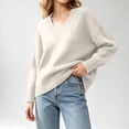 thumbnail image 4 of DYTTDG Women Solid Color Loose V-Neck Knit Pullover Sweater, Long Sleeve Ribbed Cuff Relaxed Fit Casual Knitted Jumper Daily Basic Knit Top, 4 of 8