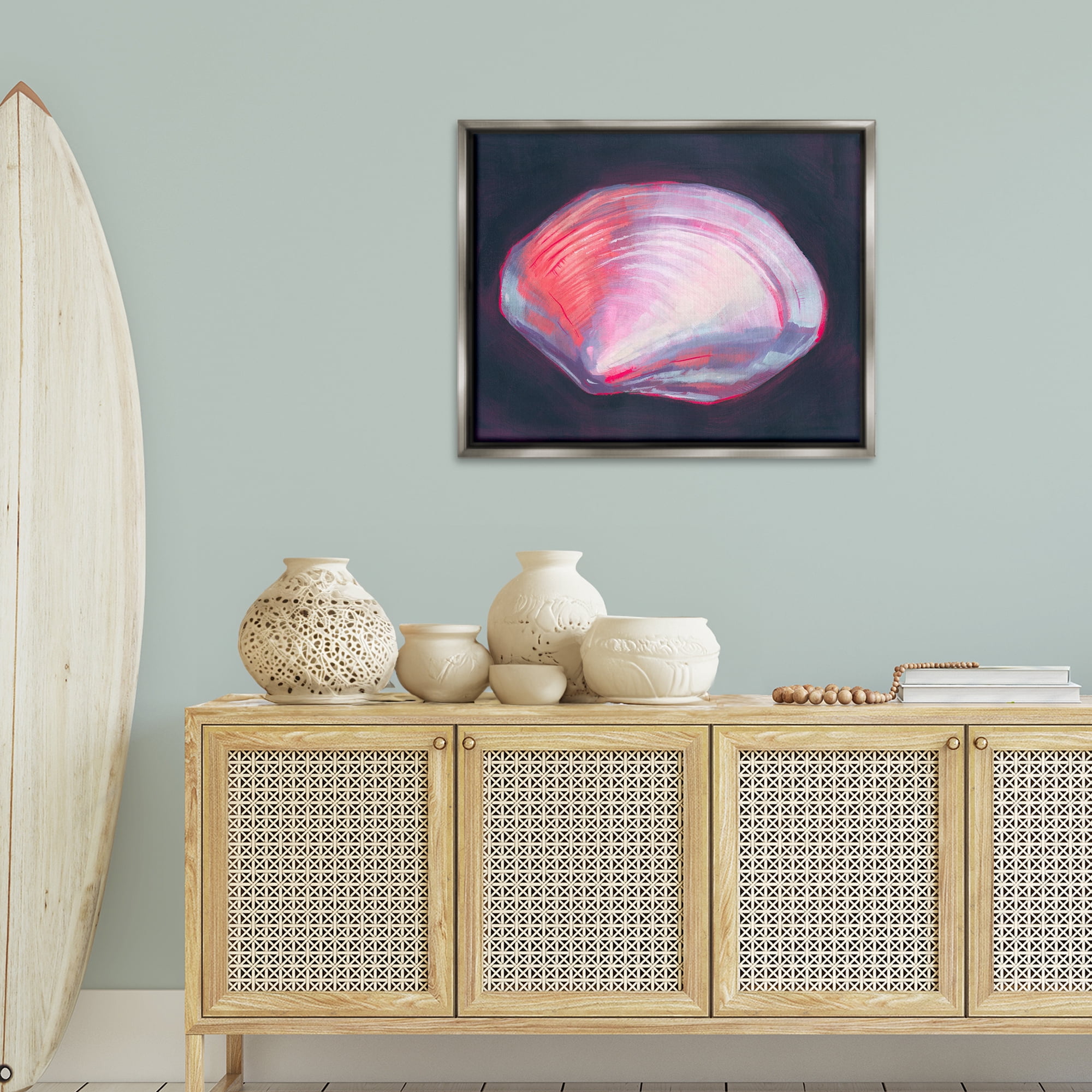 Stupell Industries Pink Clam on Black Animals & Insects Painting Gray Floater Framed Canvas Art Print Wall Art, 31 x 25