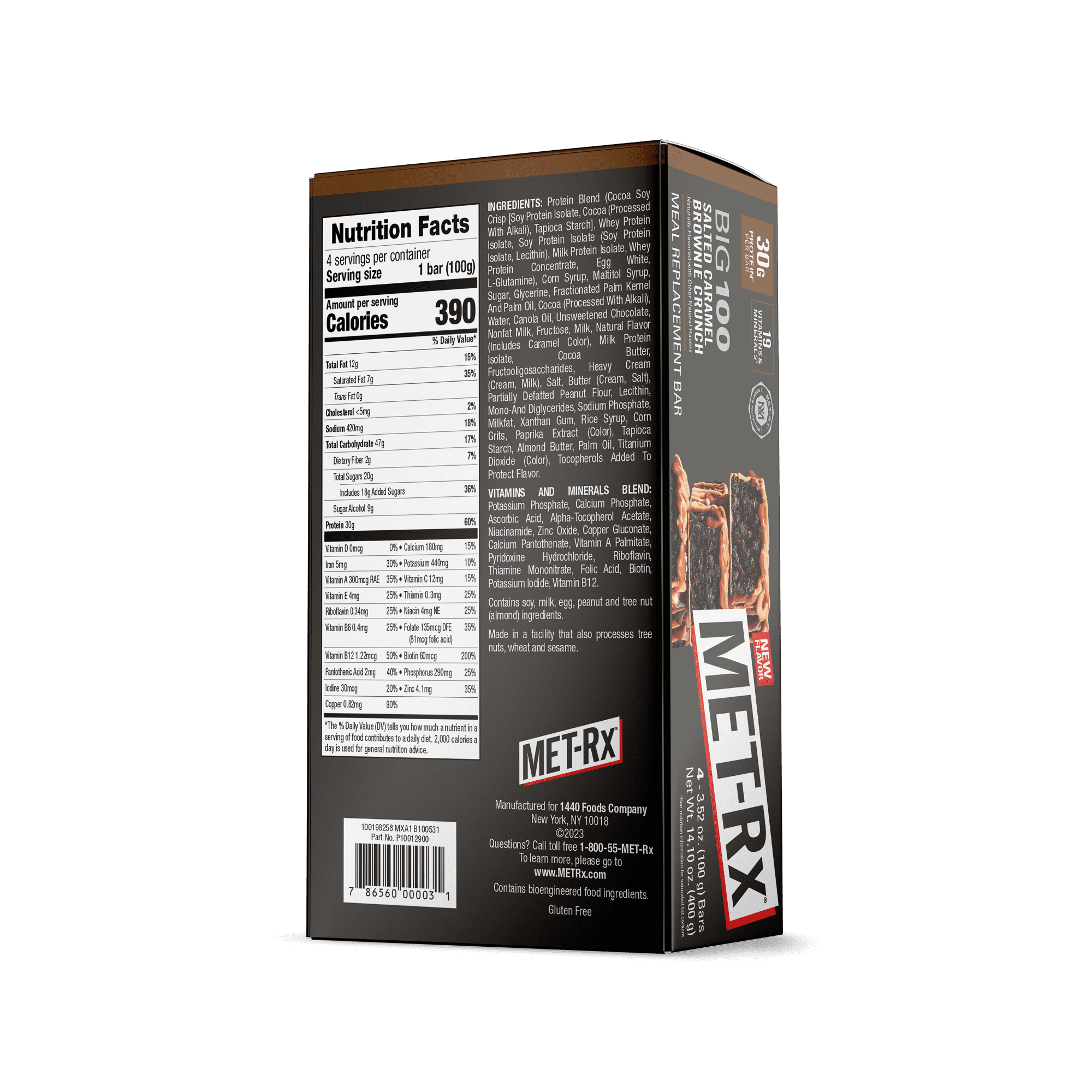 MET-Rx Big 100 Protein Bar, Meal Replacement Bar, 30G Protein, Salted Caramel Brownie Crunch, 3.52 oz (Pk of 4)
