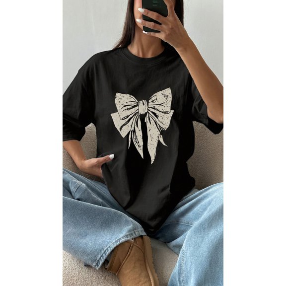Women's "Vintage Bow" Graphic Tee Oversized Casual T-Shirt Black