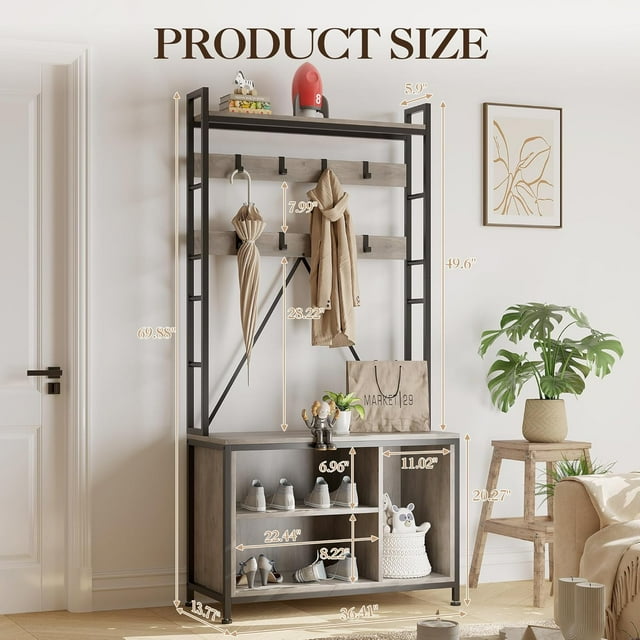 Ourlova 70in Hall Tree with Bench and Shoe Storage Metal Frame Entryway Organizer with Coat Hanger Movable Hooks and Open Shelf Versatile Clothing Rack for Entryway Hallway Living Room
