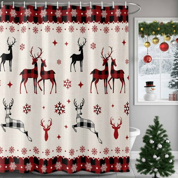 Christmas Shower Curtain Reindeer Black Buffalo Plaid Shower Curtains for Bathroom Winter Holiday Xmas Decor, Waterproof Polyester Shower Curtain Set with Hooks, Extra Long 72" x 84" Snowflake