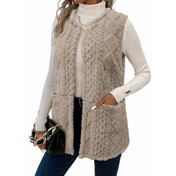Women'S Plush Teddy Bear Jacket Vest Comfortable Sleeveless Cardigan Zippered Vest Coat with Pockets Light Gray XL