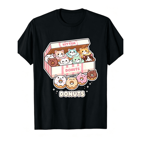 Kitten Donuts Box Cute Kawaii Cat Lover Graphic T-Shirt Funny Sweet Pet Donut Tee