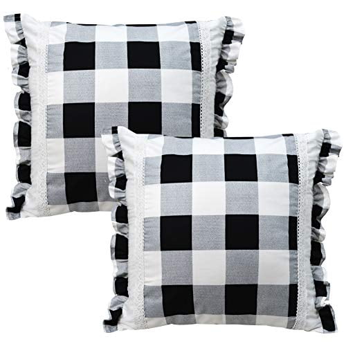 TEALP Buffalo Plaid Euro Sham with White Lace Ruffles Farmhouse Pillow