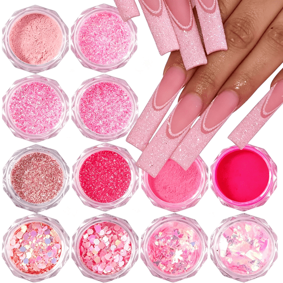 RAGUPEL Pink Nail Glitter Powder,12Pcs Nail Art Sequins Dust Set,Holographic Paillette Sparkle Flakes for Acrylic Tips Manicure Decorations,Holographic Paillette Sparkle Flakes Pink Glitter