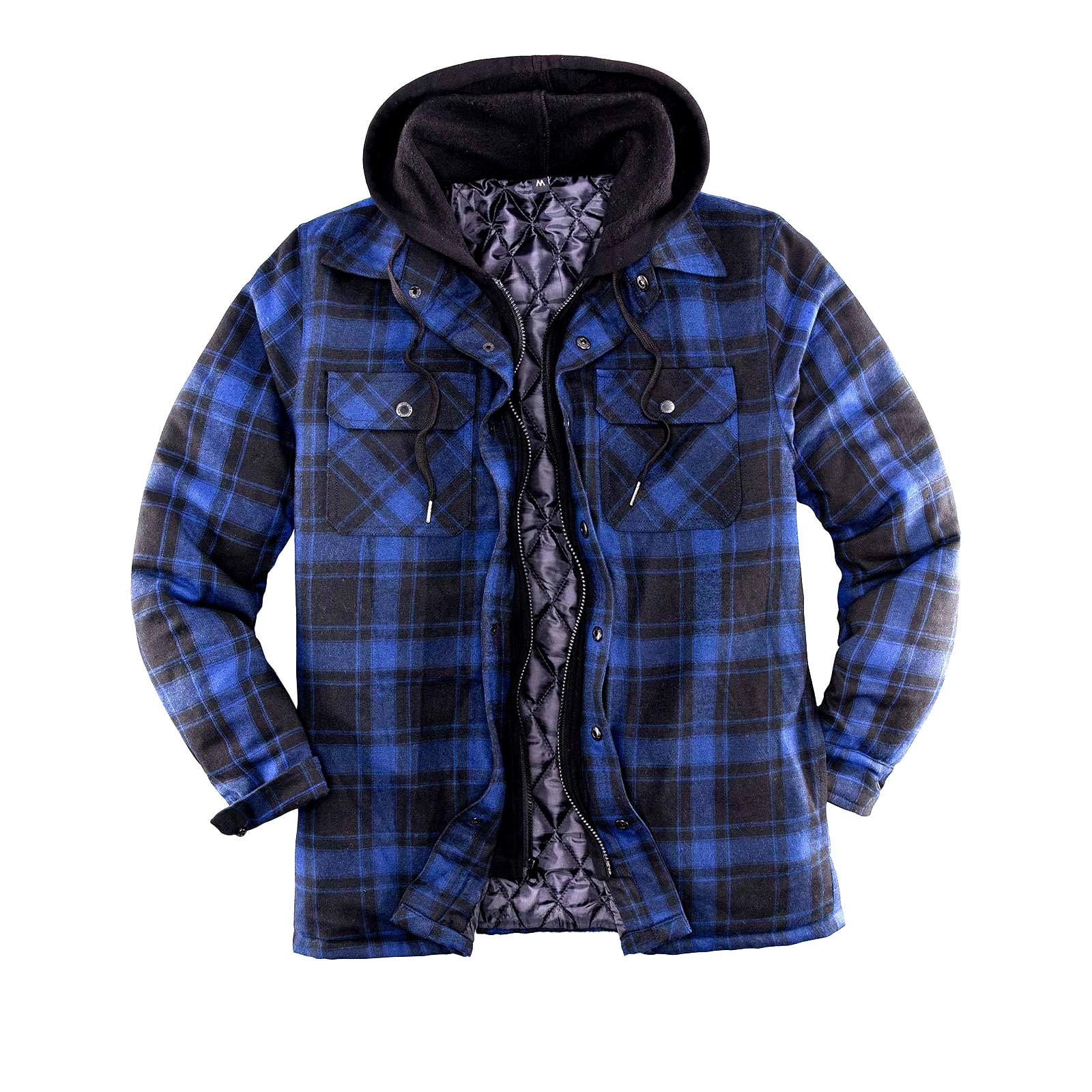 BiZtdJrK Hoodies for Men Long Sleeve Plaid Shirt Jacket Warm Quilt Lined Hooded Shackets with Button Down Winter Coat, Dark Blue, M