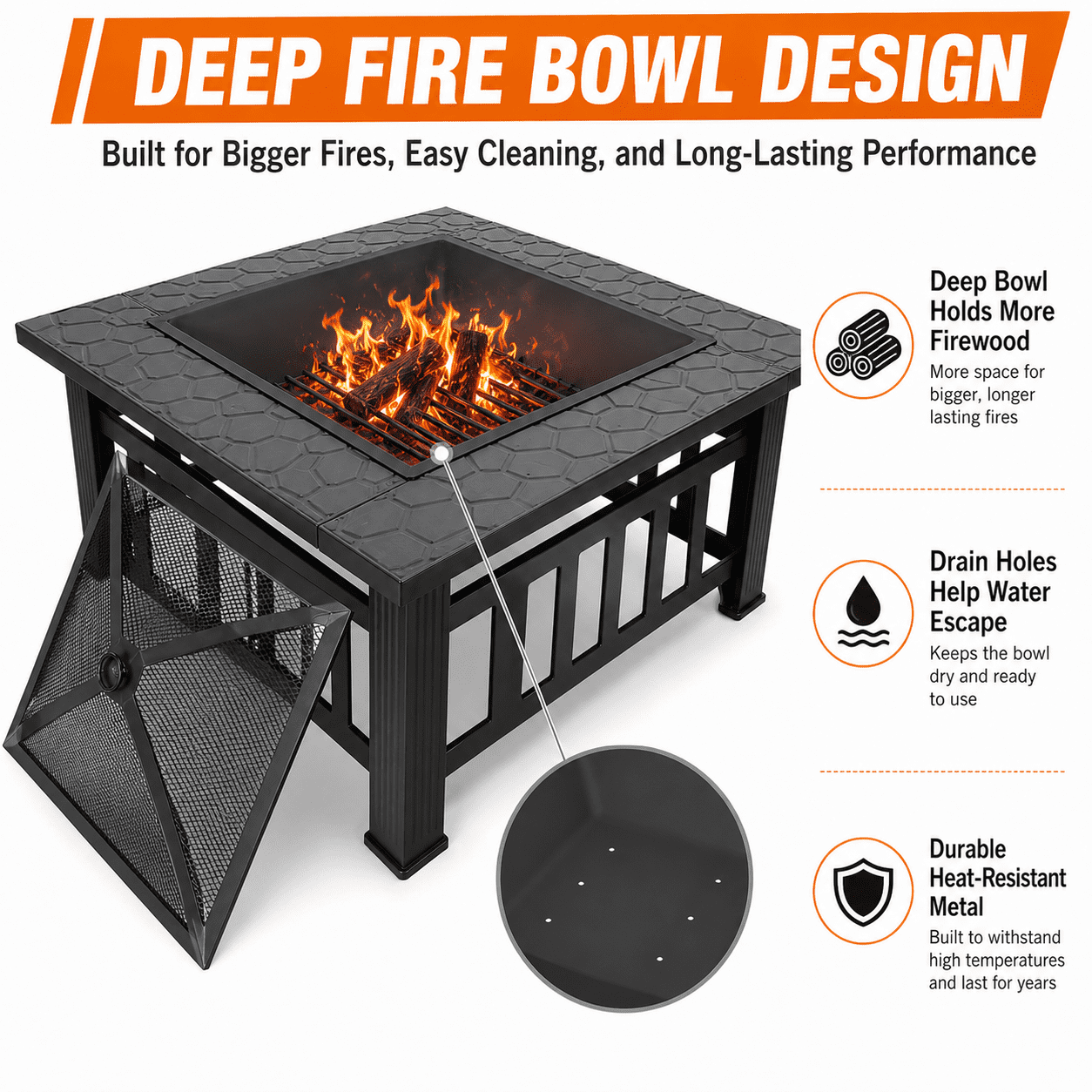 32'' Wood Burning Fire Pit, Outdoor Metal Fire Pit Table with Mesh Screen Lid & Poker, Stone Pattern Patio Fireplace for Backyard, Garden, BBQ, Heating, Square