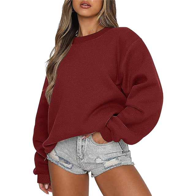 Mefallenssiah Mode Femmes Décontracté Manches Longues Col Rond Chandail Ample pour Dames Hauts Blouse Bordeaux L