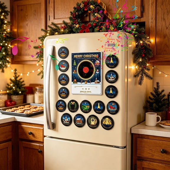 Christmas Magnetic Fridge Vinyl Music Box, 9 Vinyl Player Fridge Record NFC Magnetic Music Box Set for Aesthetic Desk Decor Gift