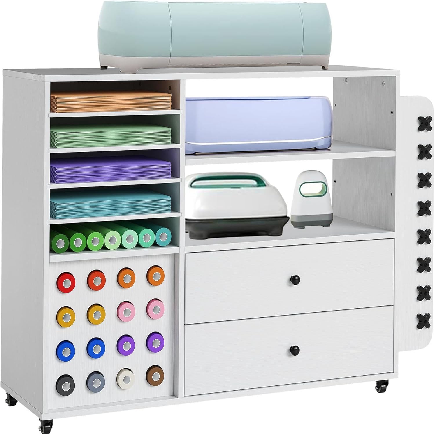 Craft Organization and Storage Cabinet Compatible with Craft Machines Cart Rolling Craft Organizer with 2 Drawers & 24 Vinyl Roll Holder, Crafts Station Storage Organizer Crafting Cabinet Table Workst