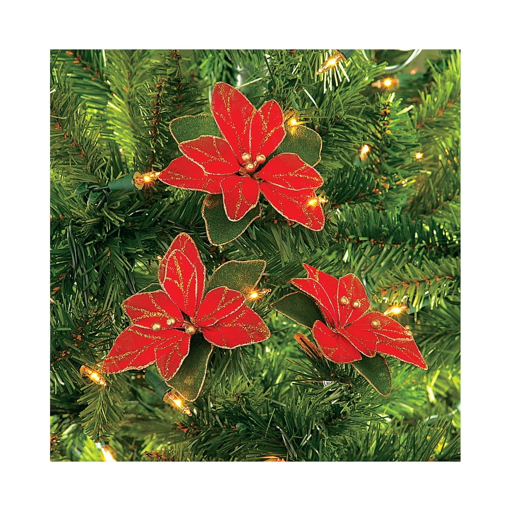 NYLON RED POINSETTIA ORNAMENTS Home Decor 12 Pieces