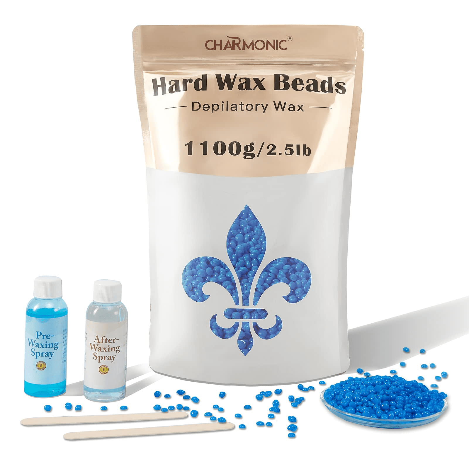 Charmonic 2.4lb/1100g Hard Wax Beads with Sticks and Wax Treatment Oils