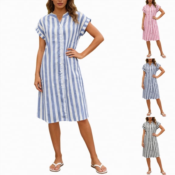vigerkar Women's Linen Striped Shirt Dress Short Sleeve Button Down Notched V Neck Summer Beach Tunic Midi Dress (Red, S)