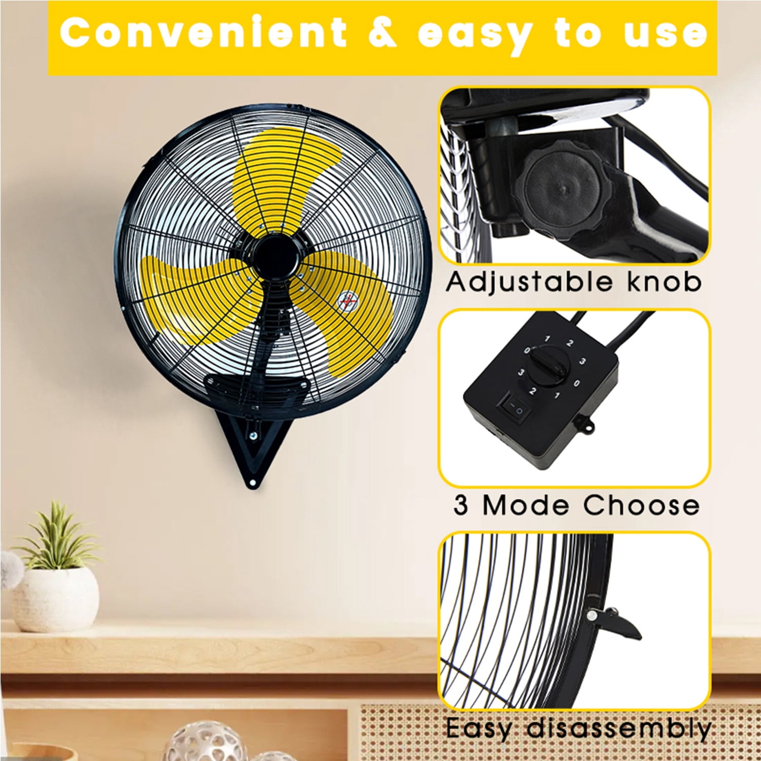 20in Wall Mount Fan, 3-Speed Industrial Wall Fan up to 7000CFM, 120°Oscillating High Airflow Cooling Fan for Garage,Home,Warehouse, Indoor/Outdoor Use, Yellow