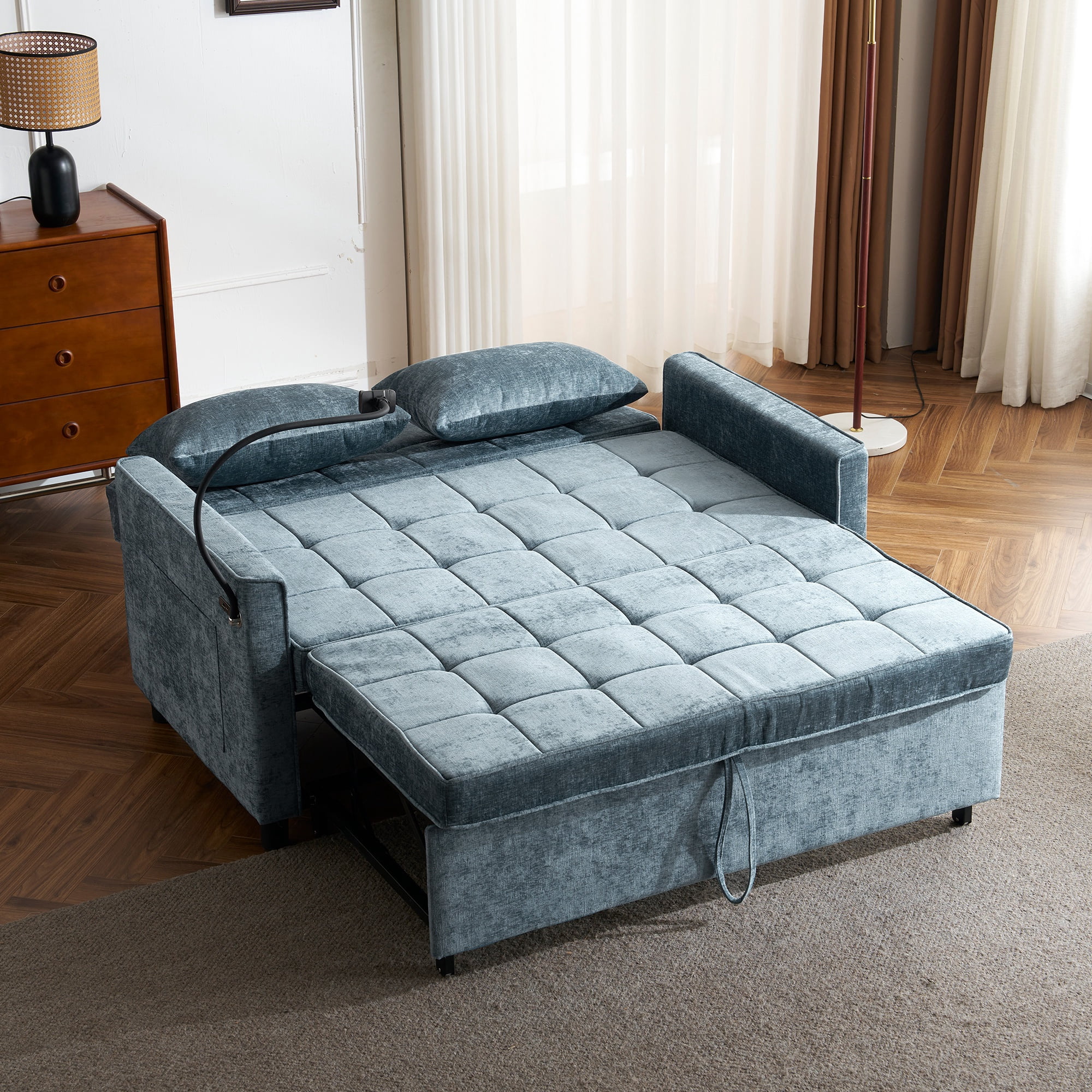 BTMWAY 3 in 1 Convertible Sleeper Sofa Couch with Pullout Bed, 59" Loveseat Sleeper Bed with Backrest Cushion, Side Pockets, 5 USB Ports & Phone Holder, Futon Couches for Living Room, Blue