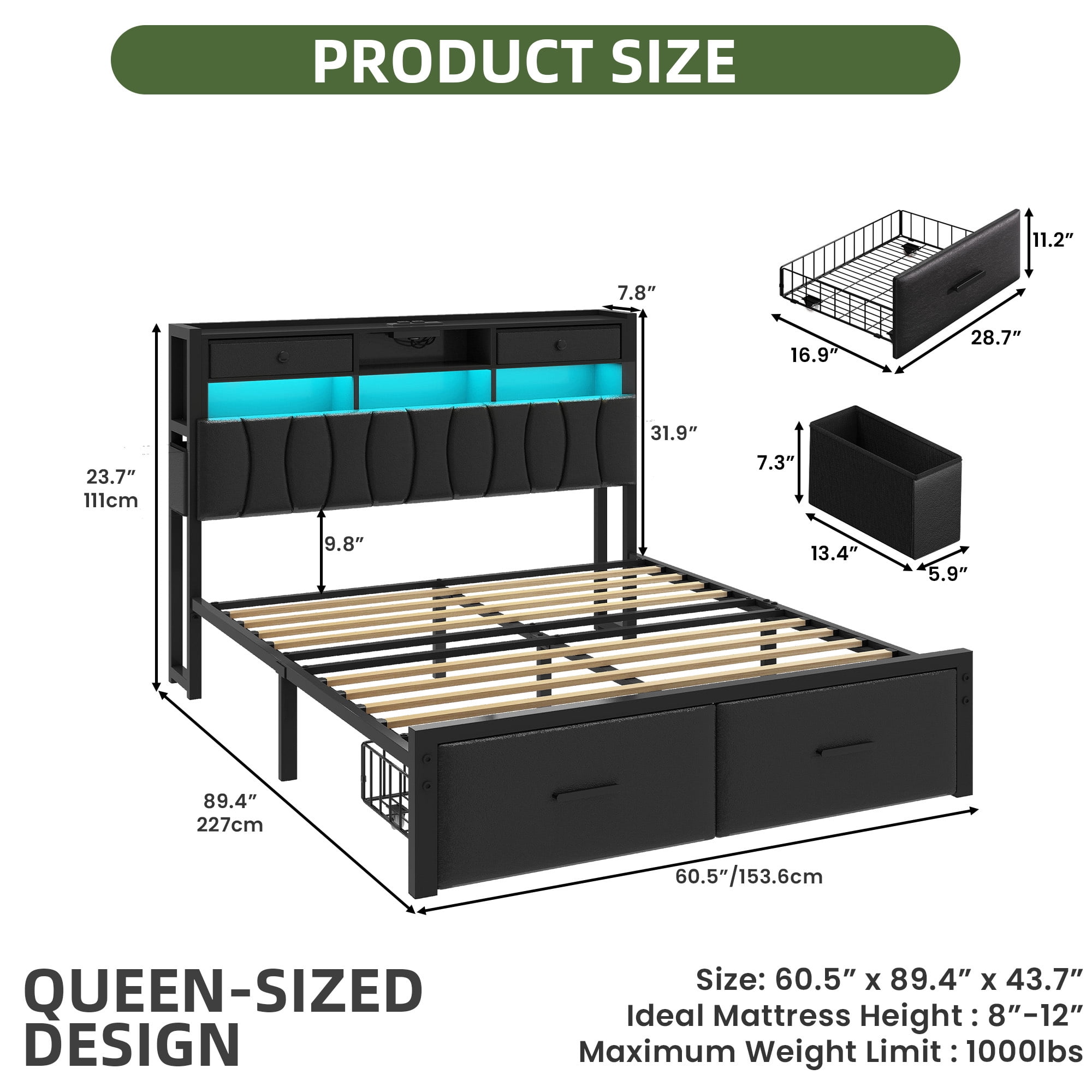 Uforic Queen Size Bed Frame with 2 Storage Drawers & Charging Station, PU Leather Upholstered Bed with Storage Headboard, LED Light, Heavy Duty Metal Support, Noise Free, No Box Spring Needed, Black