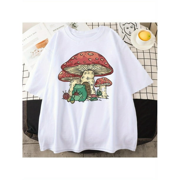 Men's Regular Size T-Shirt, Cotton Mushroom House & Frog Print, Vintage Regular Size Casual Crewneck Tee, Knit Fabric, Regular Fit, Spring/Summer/Autumn, Adult & Teenager, Round Neck, Stretchy