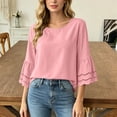 thumbnail image 6 of hoksml Women's Cotton Linen Round Neck 3/4 Bell Sleeve Blouse with Eyelet Trim, Loose Fit Casual Summer Daily Wear Top, 6 of 7