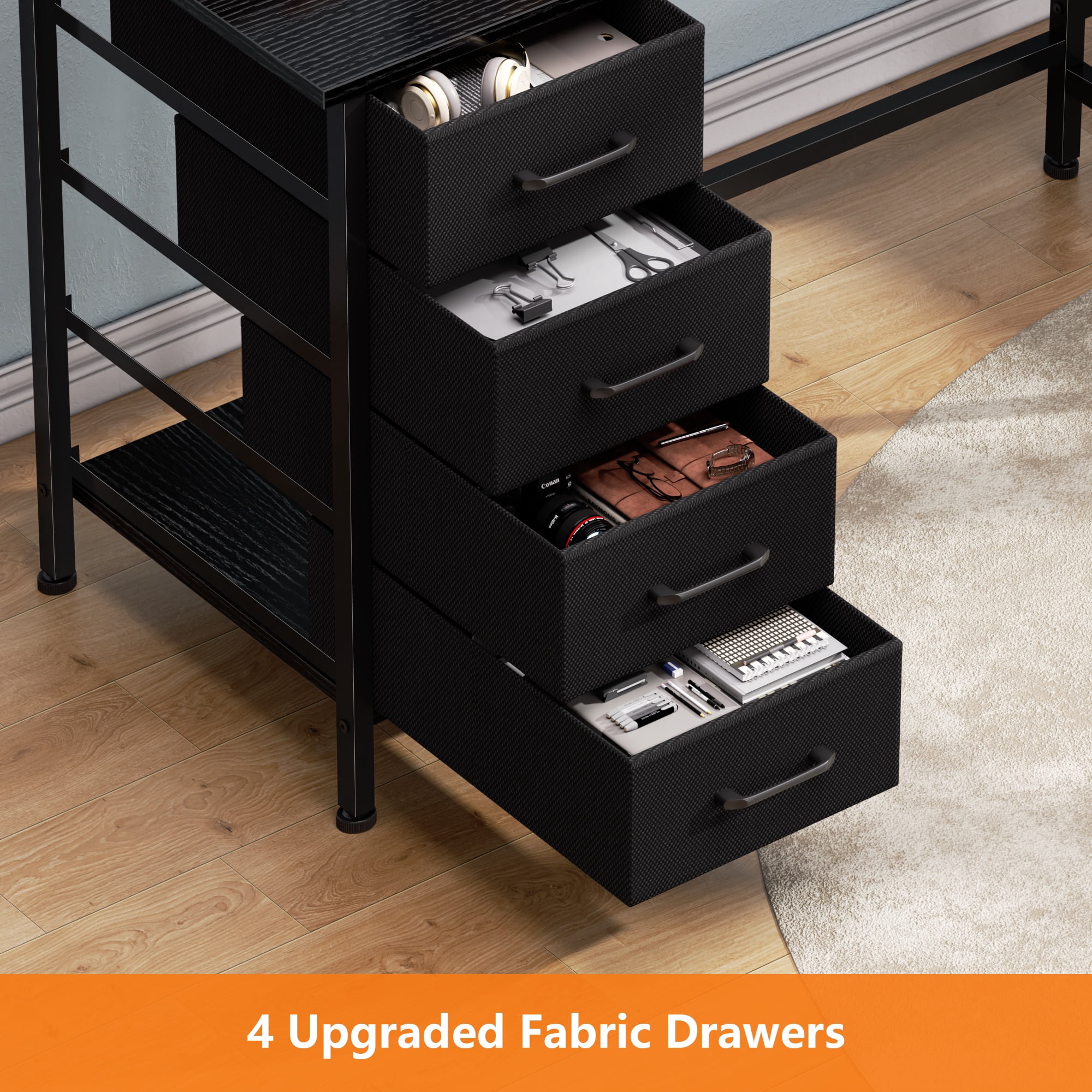 Satifur 66" L-Shaped Desk with Power Outlets, 4 Fabric Drawers & 2 Monitor Stands, Convertible Two Person Home Office Desk,Black