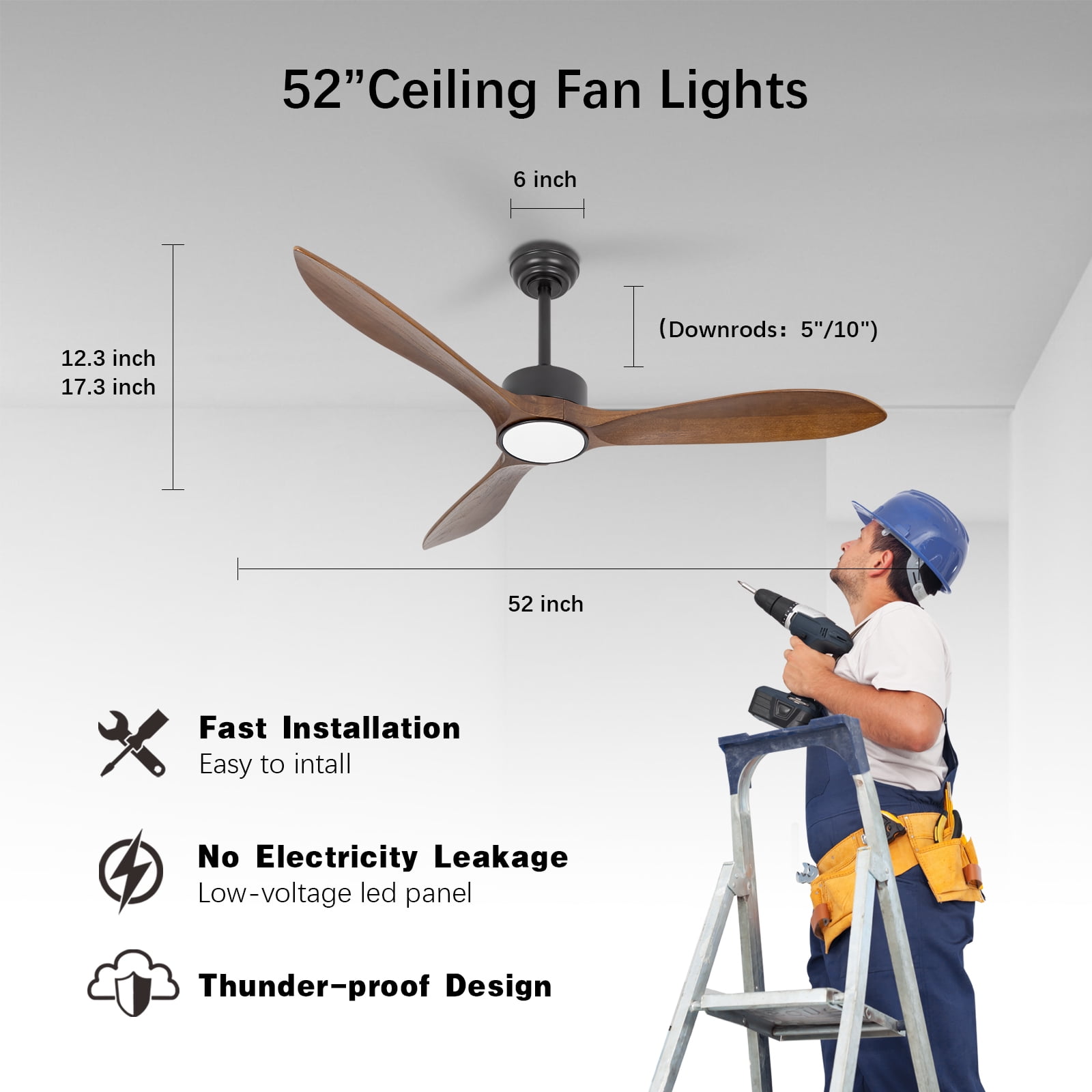 Wozzio 52 inch Dark Brown Ceiling Fan with Light and Remote Indoor/Bedroom/Patios/Living Room