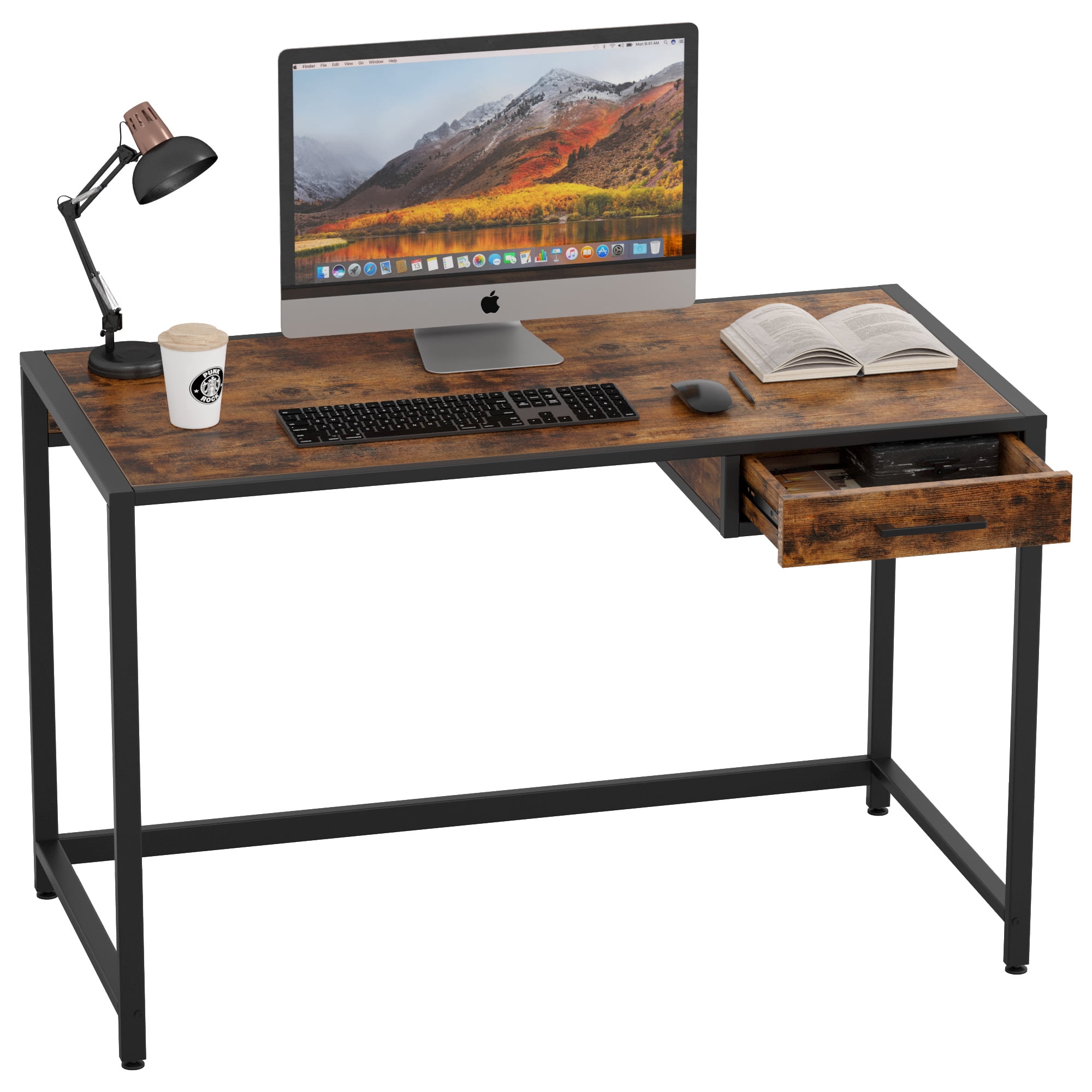 Ironck Computer Desk With Drawers Writing For Home Office Distressed Retro Brown Com Ironck Computer Desk With Drawers, Distressed Home Office Desk