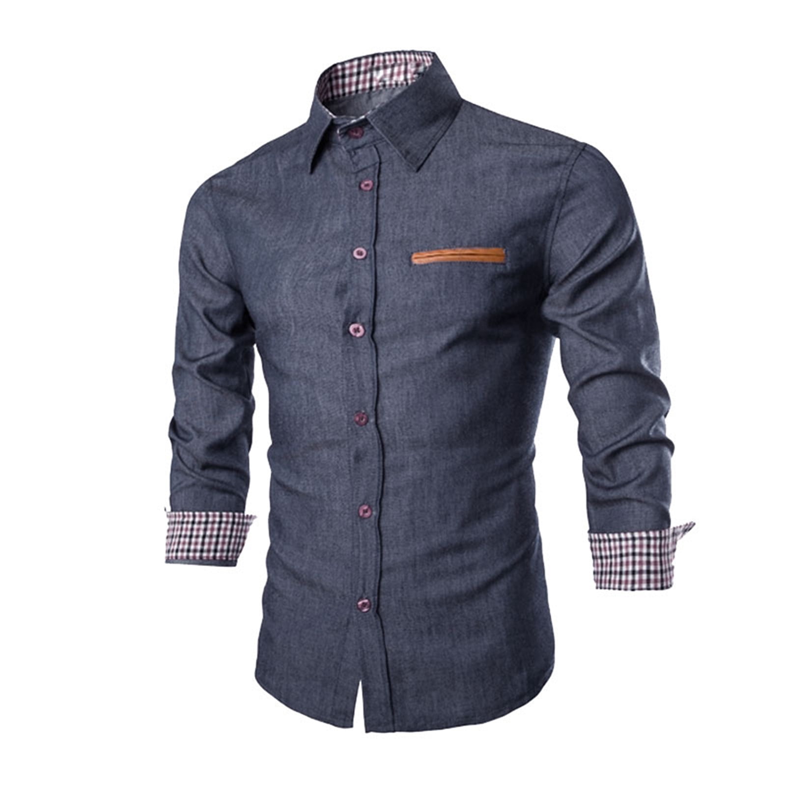 Tenflyer Fashion Men Denim Jeans Shirt Casual Long Sleeve Slim Fit Cotton Tops Shirts Dark Blue, Adult Unisex, Size: Large